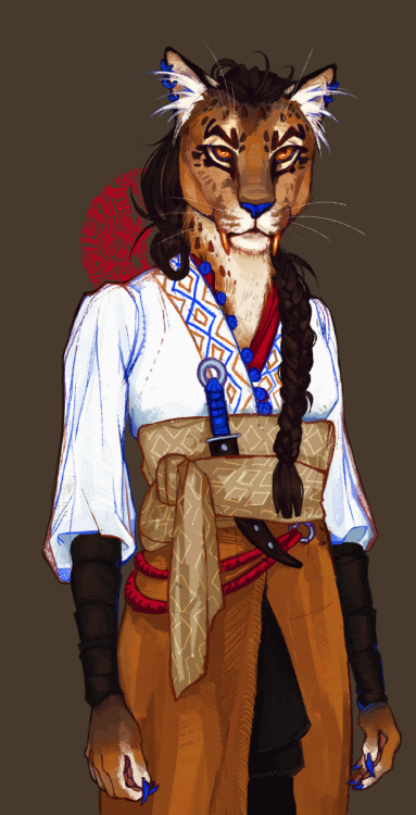 Sina Saig. Tar Saig’s daughter. tabaxi mother, leonin father. rogue.