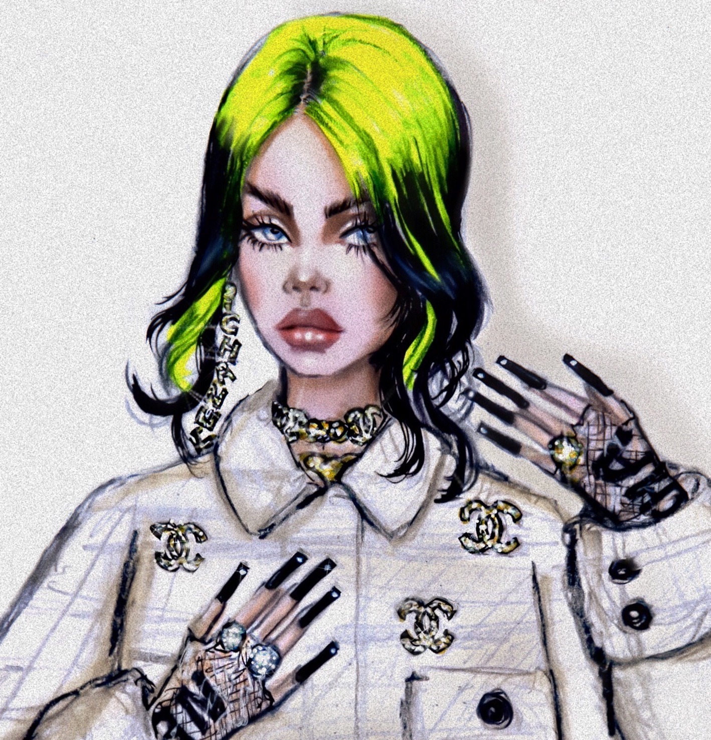 haydenwilliamsillustrations:Billie Eilish in all Chanel everything at the Oscars 2020 🤍🖤💚https://www.instagram.com/p/B8ZRkj0B5XL/