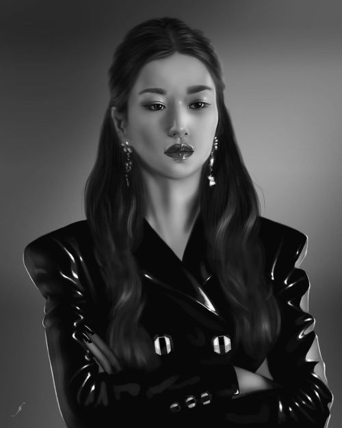 Seo Ye-ji portrait in black and withe digital painting. Wearing black vinyl jacket. . #seoyeji #itso