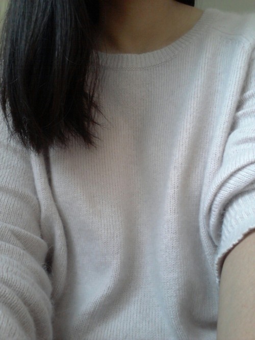 wearing a rly fluffy pale pink big sweater today that i got for 3$ last week god bless goodbye