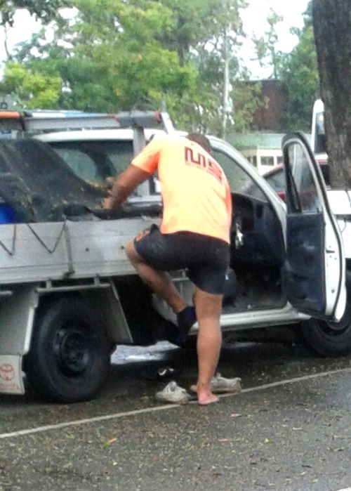 tradiewatch:Tradie just finished work, muscle, tatts, beard, high-vis, thongsI can’t stop watc