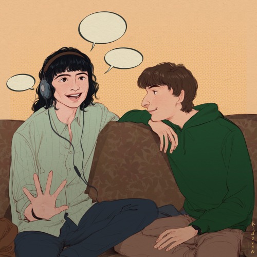 A digital illustration of Mike and Will from Stranger Things sitting on an old sofa late in the afternoon. Mike is wearing headphones and has his hand outstretched in excitement. He's rambling on and on with speech bubbles over his head. Will looks on in admiration and love, lost in Mike's words. 