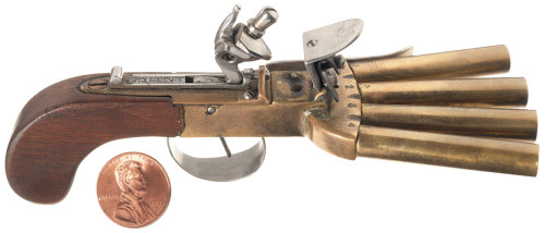 Miniature flintlock duckfoot pistol, 19th century.