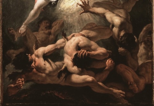 drinkthemidnighthymn: The Fall of the Rebel Angels by Sebastiano Ricci c. 1720. (detail)