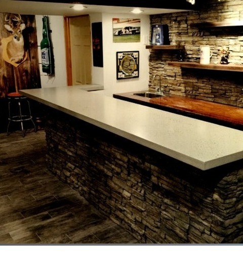 Philadelphia Home Bar Single WallSeated Home Bar - Mid-sized Rustic Single-wall Porcelain Tile And Gray