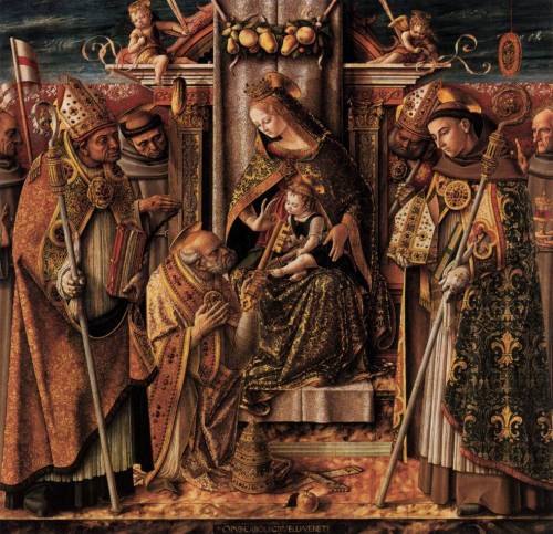 Carlo Crivelli. Virgin and Child Enthroned with Saints. 1488. Poplar panel. Gemäldegalerie, Berlin.