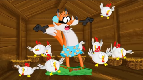 found this kids game called catch the fox, it features a cartoon of a fox attempting to get as many chickens in his pocket when it was full, his pants fell revealing his blue boxers with chickens on them
