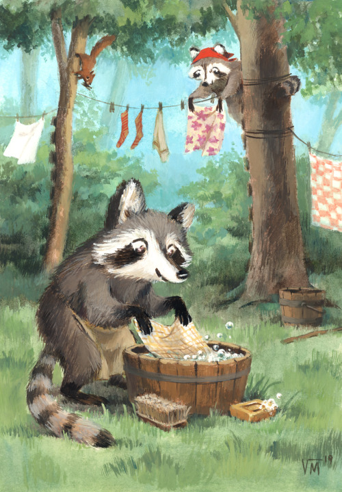 Raccoon Laundry. Gouache on paper. This illustration is available as a print! And also, @inprnt is o