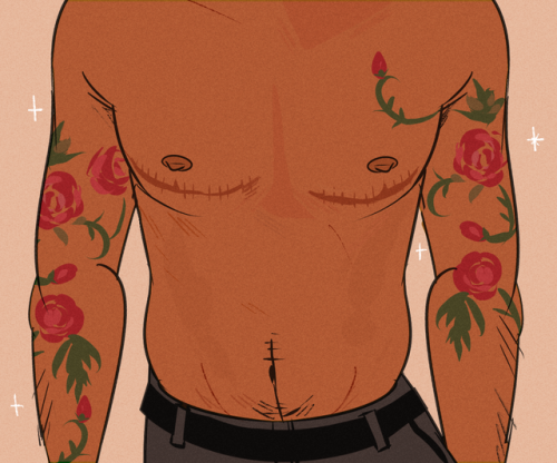 littlestpersimmon:boys [image description: two drawings of shirtless trans men from the waist to the