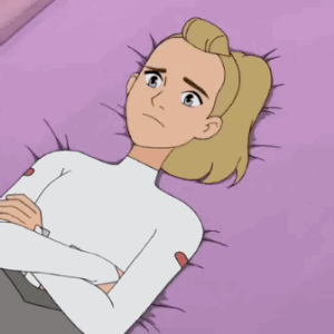 professorspork:swordlesbean:adora in distress featuring anxious face smooshing, protective self-hugg