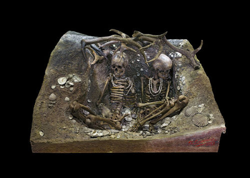 fyeah-history:  The skeletons of two women who died violently were discovered at Téviec, buried under a “roof” of antlers and decorated with necklaces made of shells Two skeletons of women between 25 and 35 years of age, dated between -6740 and -5680