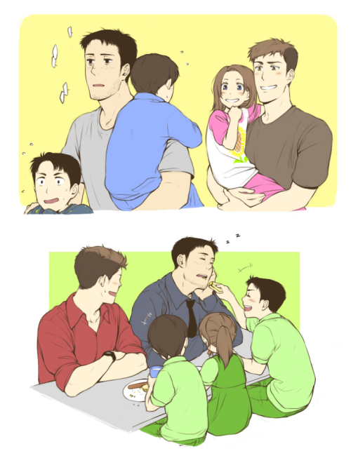 chibiwingsoffreedom:  miyajimamizy:  Continuation of this (x)  You guys asked for another family au for a while now, so I am giving you another family au. And I have also given these dorky men, Nico and Aimee a new family sunshine, Jeanelle ♥ Don’t