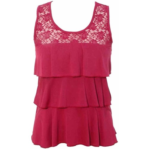 Magenta Wine Tiered Ruffle LAYER Lace Shoulder Top ❤ liked on Polyvore (see more loose fitting tops)