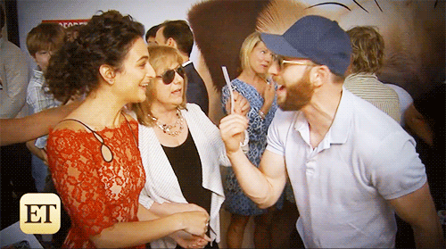 luvindowney:  Chris Evans, Jenny slate and Mama Evans during the NYC premiere of