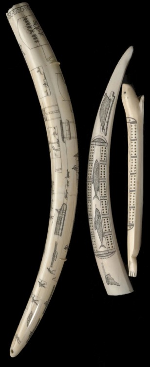 Three Eskimo scrimshaw itemsIncluding a full walrus tusk, completely engraved to depict hunting scen