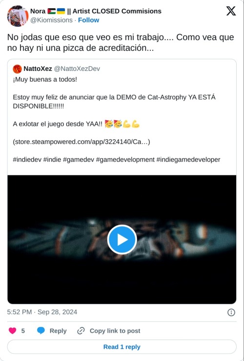No jodas que eso que veo es mi trabajo.... Como vea que no hay ni una pizca de acreditación... https://t.co/sxv5Lq1Dyd
— Nora 🇵🇸🇺🇦 || Artist CLOSED Commisions (@Kiomissions) September 28, 2024