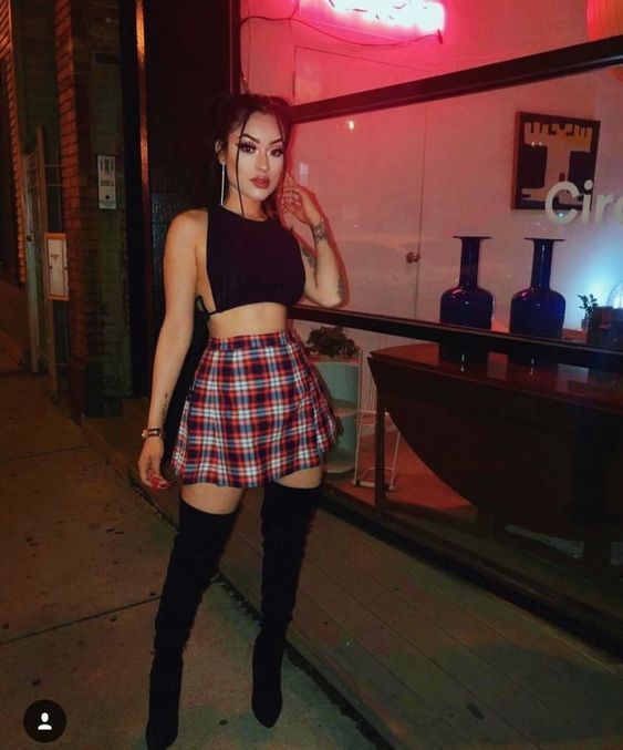 plaid skirt thigh high boots