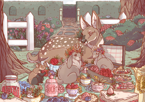 A group of forest critters waiting for another to join their garden tea party 