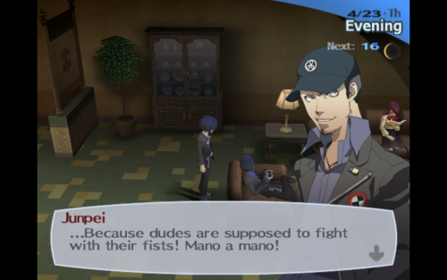 sirnucleose:  Junpei consistently says stupid things and becomes immediately aware of them 