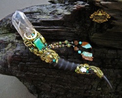 spinningcastle:  VALKYRIE VISION Crystal Horn Wand by Susan Tooker Website | Instagram | Twitter Crystal Horn Wand. Smoky Quartz Crystal, Chrysoprase, Labradorite, Pyrite, Druzy cabochon, Chrysoprase beaded dangles, and Blesbok horn handle.