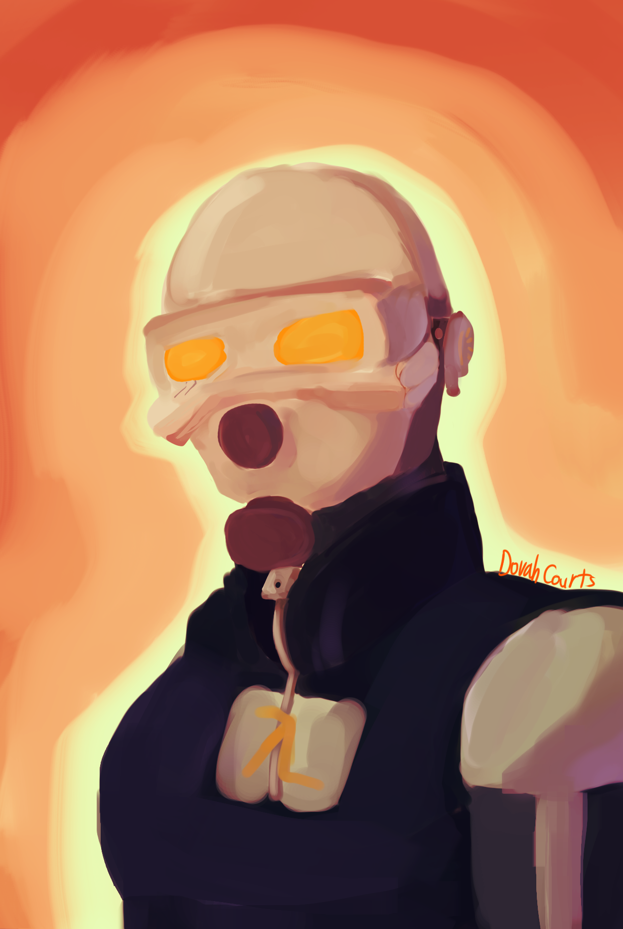 A painting of Traitor Lead from Entropy Zero Uprising on a yellow-orange-red background, a ring of light yellow is around her silhouette. She is wearing the metrocop uniform which is a gas mask with a jacket and bulletproof vest, on the vest they're is a lambda symbol and instead of blue NVG eyes her NVG is orange. There is some damage to her gas mask like small cracks on around the right eye and left cheek