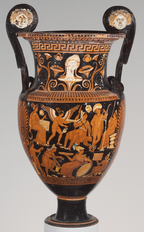 didoofcarthage:Terracotta volute-krater with the Judgment of Paris (left) and naiskos with a statue 