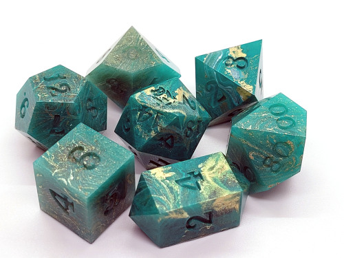 floralprintshark:dicekatdice:Gilded Jade [ID: five photographs of a tabletop gaming dice set lying o