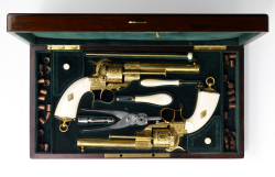 peashooter85:  An incredible set of cased, engraved, gold plated, and ivory stocked Model 1854 Lefaucheux pinfire revolvers.  Inscribed “Viterbo Hosta, 1862”.  I need them