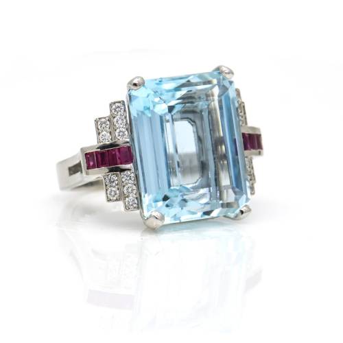 Palladium and 14k Gold Aquamarine, Ruby, and Diamond Ring