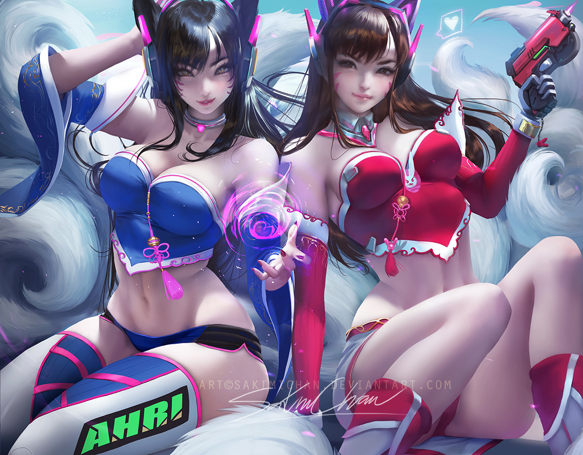 sakimichan:  I edited them both in the same piece Ahri/ D.va ^_^ what a fun project