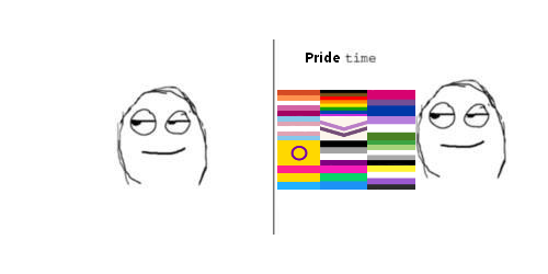 aro-ace-agender-space: … Pride Time[ID: A two panel meme format of a rage comic character. Th