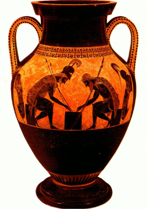 dvwlookbook:Exekias.  Achilles and Ajax playing a dice game.  540-530 BCE.  Vase painting.  40cm hig