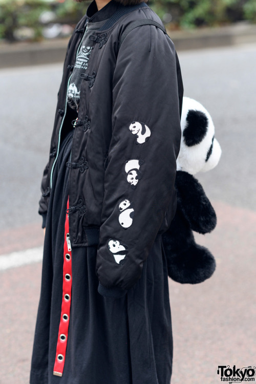 15-year-old Japanese student Nanase on the street in Harajuku wearing a panda themed style with a pa