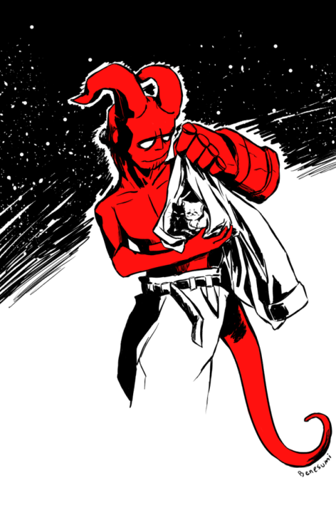 Young Hellboy in color, helping out cold strays. Have a Happy Holidays/Winter/etc everyone!BTW on my