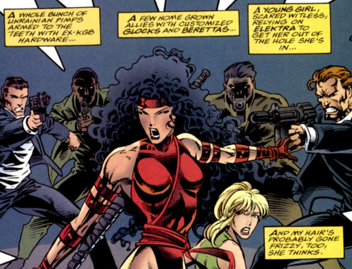 close up of Elektra defending a blonde girl in a green sleeveless tank top from men surrounding her who are apparently Ukrainian pimps, the dialogue box says "A young girl, scared witless relying on Elektra to get her out of the hole she's in... and my hair's probably gone frizzy too, she thinks."