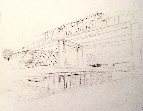 1. Sketch by memory of Metro bridge over the Boz-Suv river in Tashkent, Republic of Uzbekistan. Набр