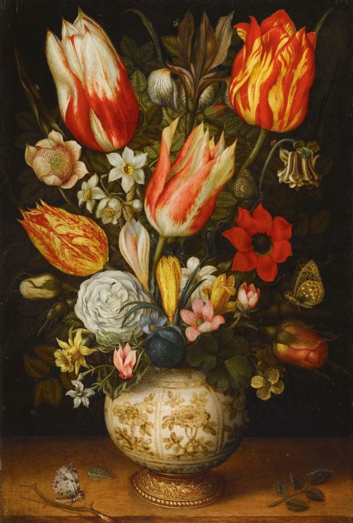 Tulips, Roses, Narcissi, Daffodils, Crocuses, an Iris, a Poppy, and Other Flowers in a Gilt-Mounted 