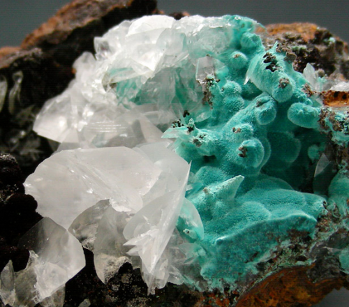 Rosasite and Calcite - Santa Eulalia, Mexico