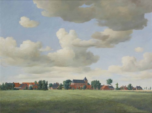 A view of Huizinge, Groningen -    Henk Helmante, 1970.Dutch, b.1945-oil on board,  104 x 139.5 cm.