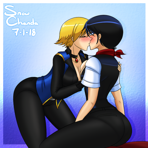 A commission for @couchpotato1234 of Sera and Suki finally kissing (and some boob grab as well)! O:T