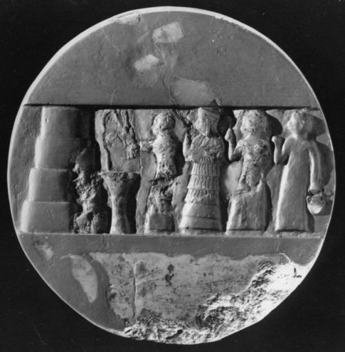 Votive Disk of Enheduanna, Ur, Iraq. 2300 - 2275 BCE.  made of alabaster; 10" in diameter.  vot
