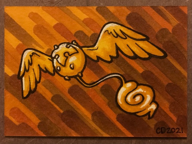 drawing of timcanpy from d gray man mid flight at an upward angle. The background consists of various orange and brown streaks as if timcanpy is flying very fast.