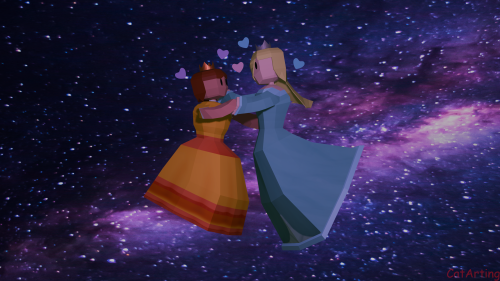Princess daisy and Princess rosalina holding each other drifting through space with a combonation of purple blue and pink hearts floating around them