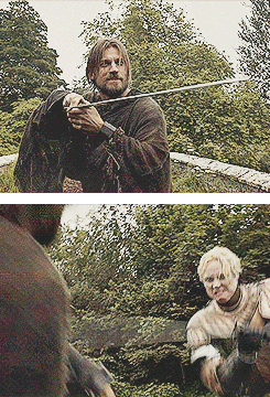 avorpalsword-deactivated2021022:   Steel met steel with a ringing, bone-jarring clang. Somehow Brienne had gotten her own blade out in time. Jaime laughed. “Very good, wench.” “Give me the sword, Kingslayer.”  “Oh, I will.” He sprang to his