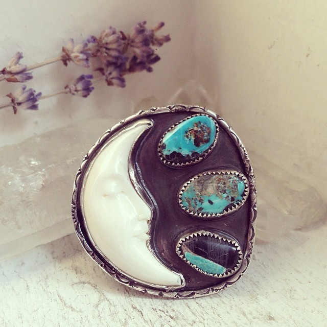 Daughter of the Moon Ring // Carved recycled bone crescent moon, paired with three turquoise stones from the Blue Moon mine. Already sold and heading out today. (at Soliloquy Jewelry Studio)
