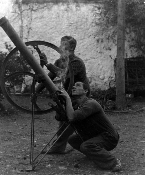 historicaltimes:Republican militiamen with homemade artillery made out of agricultural machinery, Sp