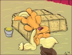thepippinpony:  Tired Applejack takes a power nap on some straw bales. So I heard somethin’ or somethin’ about this being Applejack appreciation day or somethin’. Maybe I’m wrong, but oh well, Imma appreciate good ol’ AJ regardless ^^  x3 &lt;3