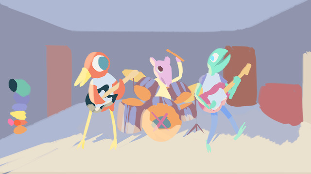 #music for lizards #garage band#digital art#painting#cute#pastel#minimalist#concept art#cartoon#lizard#guitar#illustration#oc#lizardman guitarguy#color key