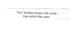 fortuneaday:  [A white fortune cookie paper with black text reading:                  Your fondest dream will come true within this year.]