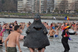 citystompers:Godzilla !!!!!!!!!!!!!!!! by Sherwood411 on Flickr.At Vancouver’s Polar Bear Swim, 2013